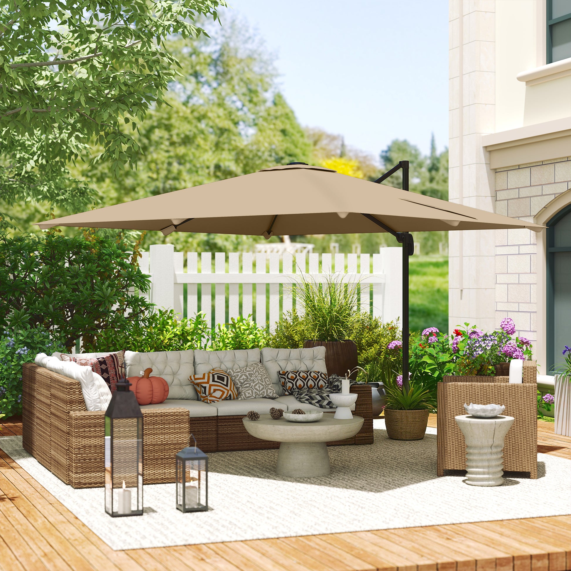 Outsunny 3 x 3 m Cantilever Parasol, Square Patio Umbrella with Crank Handle, Cross Base, Tilt, 360Â° Rotation, Khaki