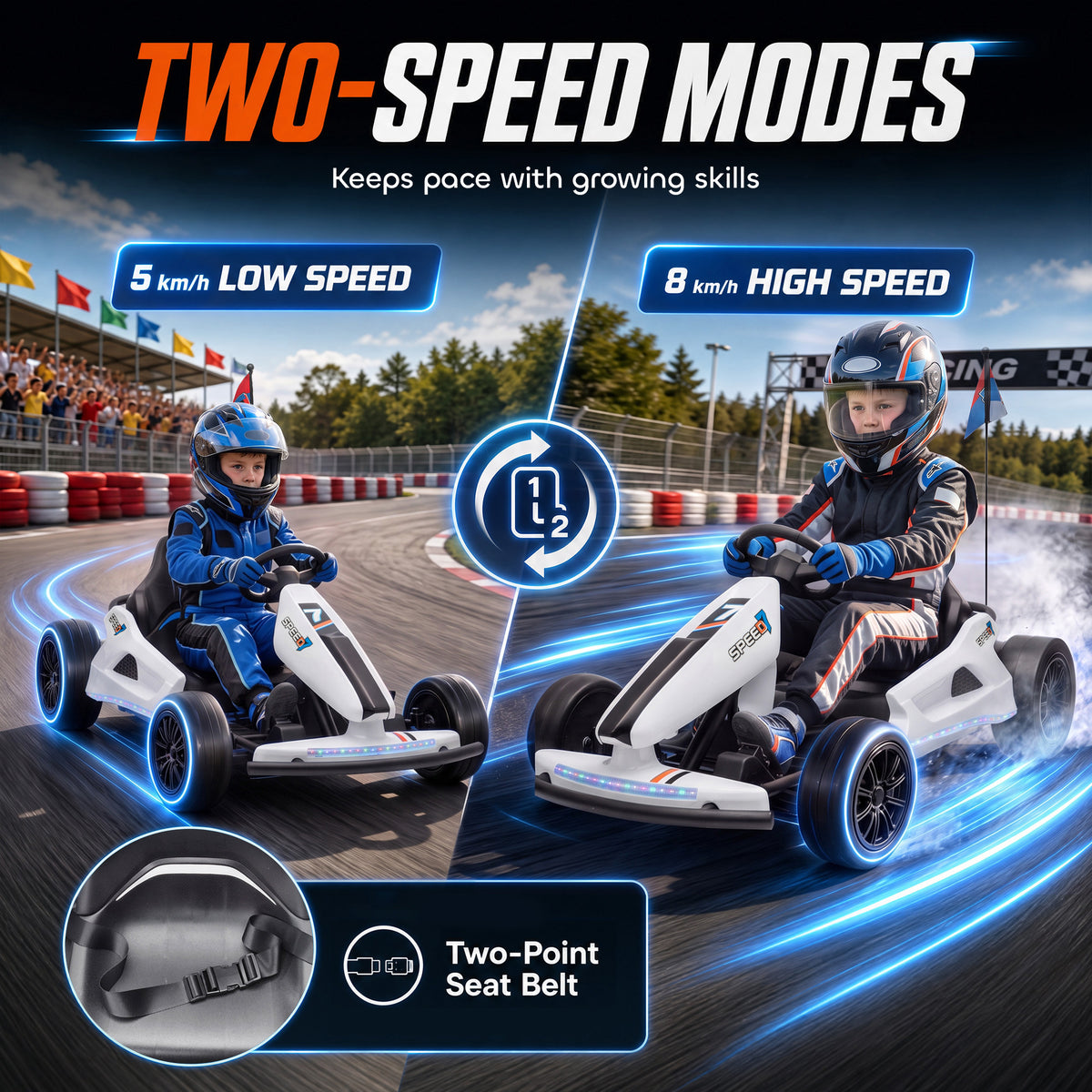 AIYAPLAY 24V Electric Drift Go Kart for Kids with Dual Motors, Soft Start, 12 KM/H High Speed, Headlight, for Ages 6-14, White