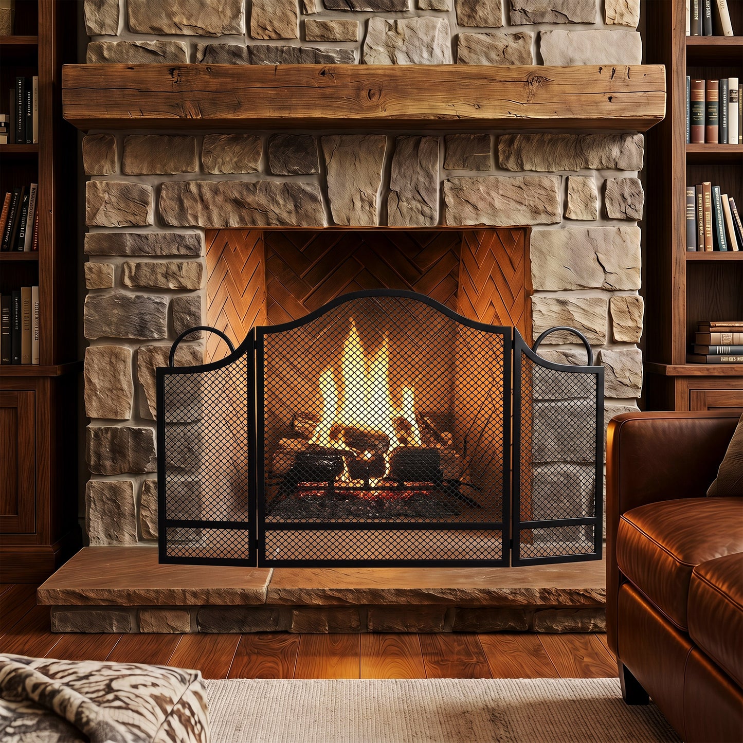 HOMCOM Floral 3-Panel Folding Fireplace Screen for Hearth Protection, Heat-Resistant Metal Fire Spark Guard, Black
