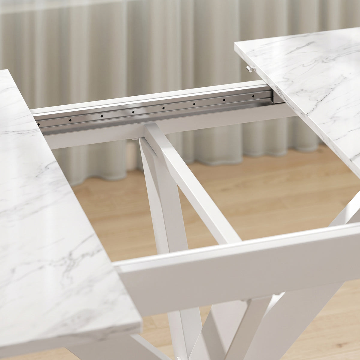 HOMCOM Extendable Dining Table Steel Cross Legs Steel Rails Space Saving White
