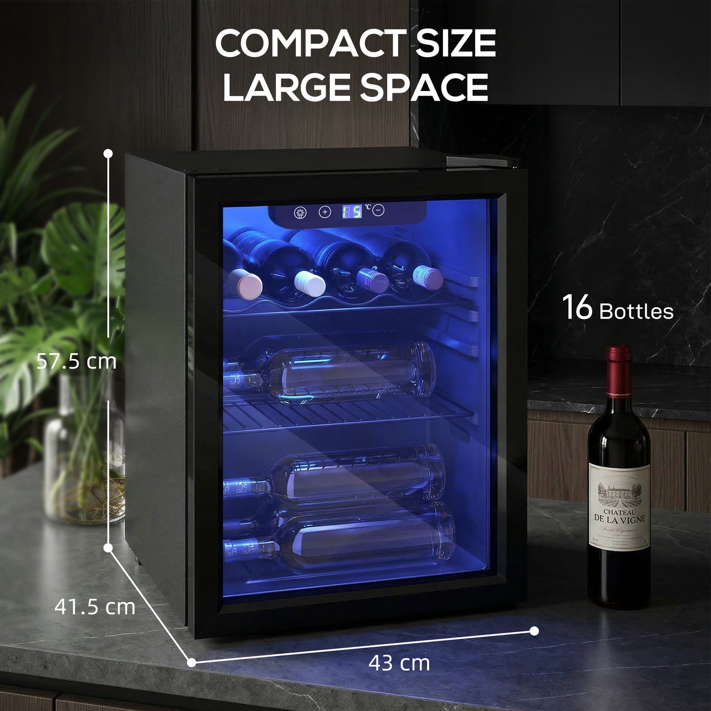 HOMCOM 16 Bottle Wine Cooler, 48 Litre Capacity, 4-16Â°C Under Counter Drinks Beer Wine Fridge with Glass Door, LED Light, Black