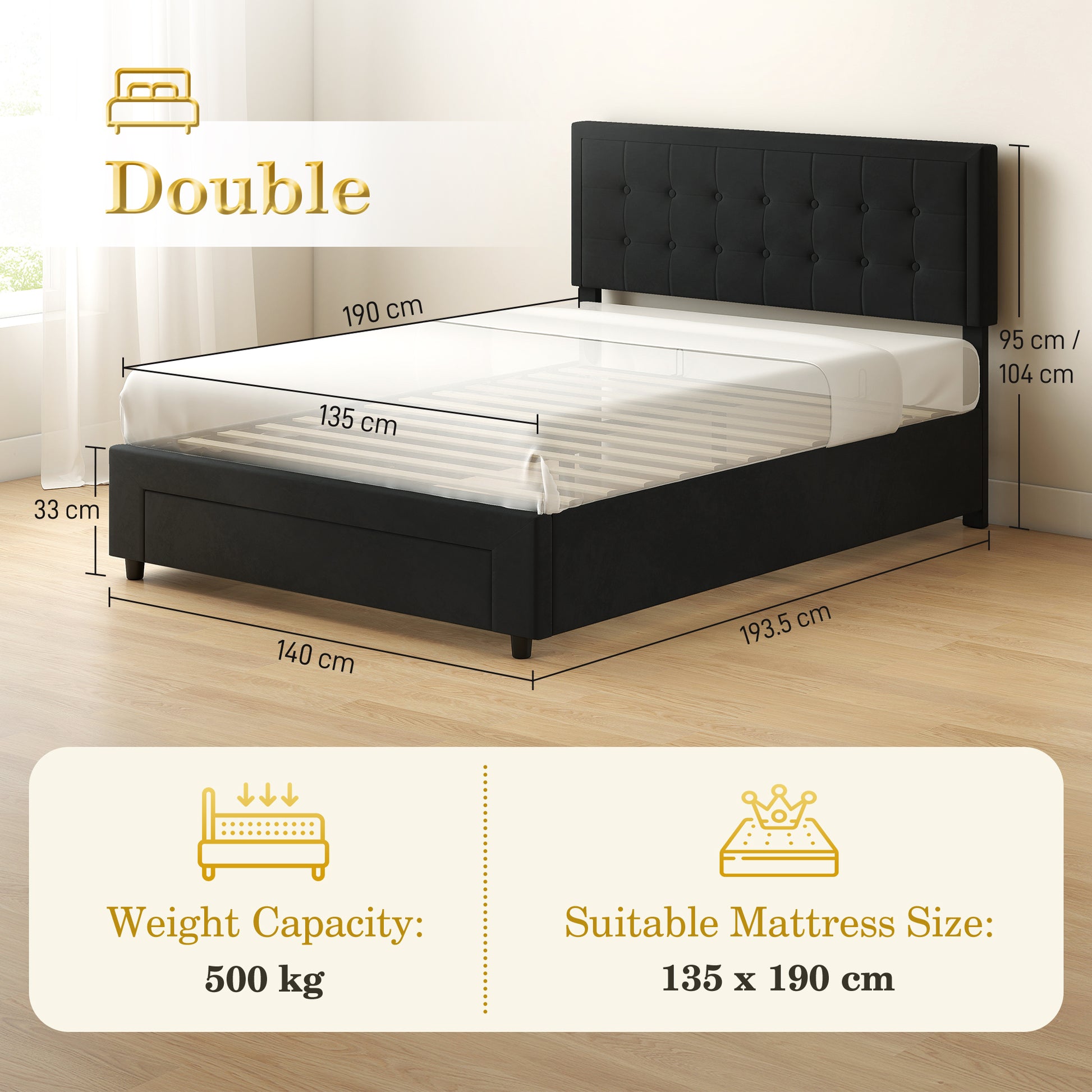 HOMCOM 4ft6 Double Ottoman Bed Frame, with Front Drawer - Black