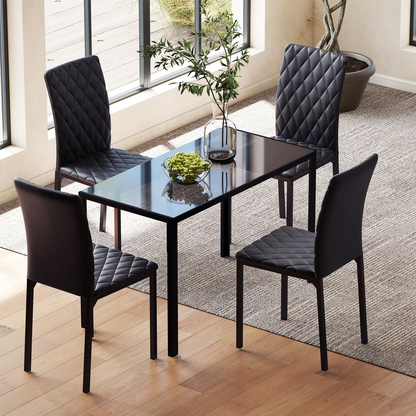 HOMCOM 5 Piece Dining Set, Kitchen Table with Glass Top, Faux Leather Chairs, Black