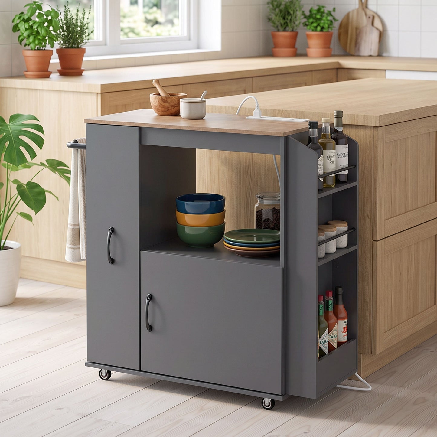 HOMCOM Kitchen Trolley on Wheels, Rolling Kitchen Island Cart with Power Outlet, Cabinet, Pull-Out Drawer, Grey