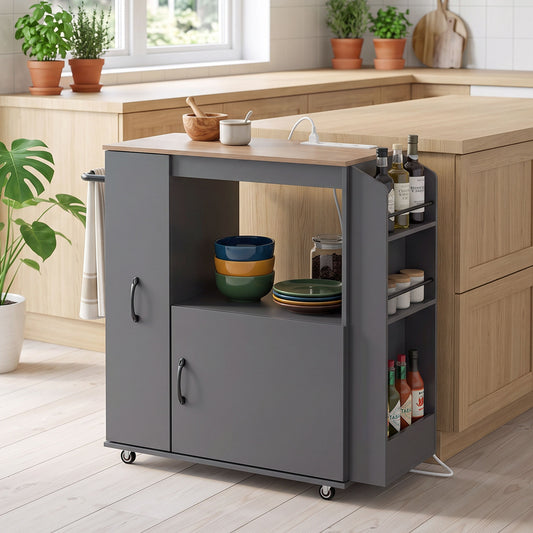 HOMCOM Kitchen Trolley on Wheels, Rolling Kitchen Island Cart with Power Outlet, Cabinet, Pull-Out Drawer, Grey