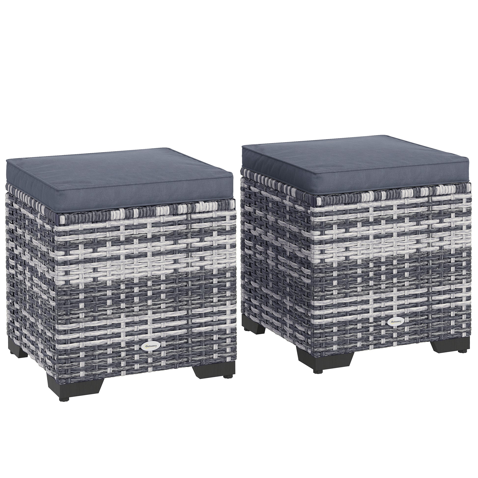 Outsunny Set of 2 Rattan Storage Ottoman, Outdoor Footstool with Removable Cushions, Garden Storage Seat for Balcony, Porch, Living Room, Dark Grey