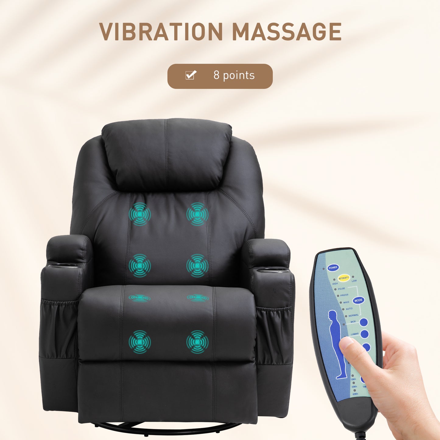HOMCOM Recliner Chair, Recliner Massage Rocker Chair with 360Â° Rotate, 165Â° Reclining Function, Adjustable Footrest, Swivel Armchair Single Sofa for Living Room with Drink Holders, Side Pockets, Black