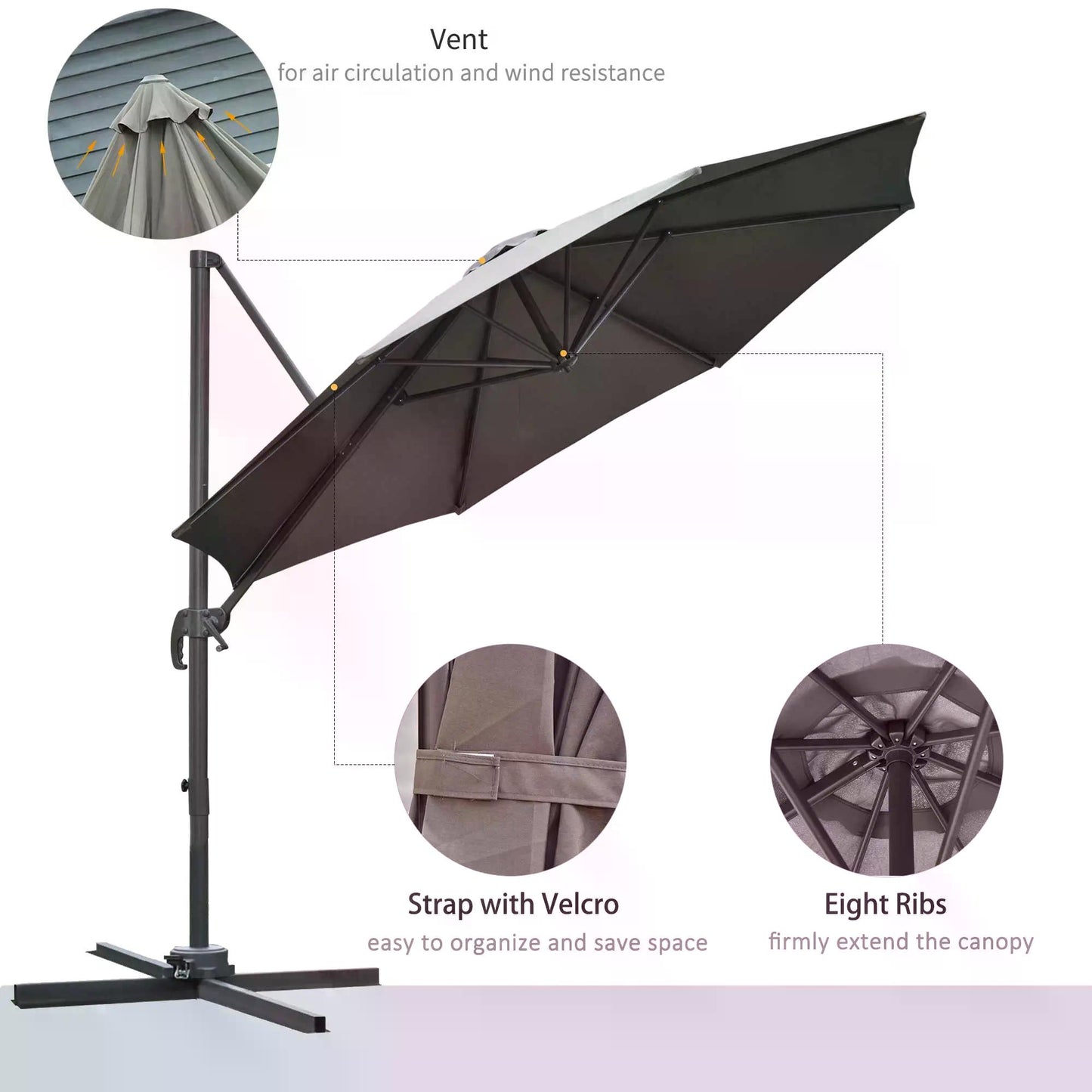 Outsunny 3(m) Offset Parasol Cantilever Hanging Umbrella 360Â° Rotation w/ Base Dark Grey