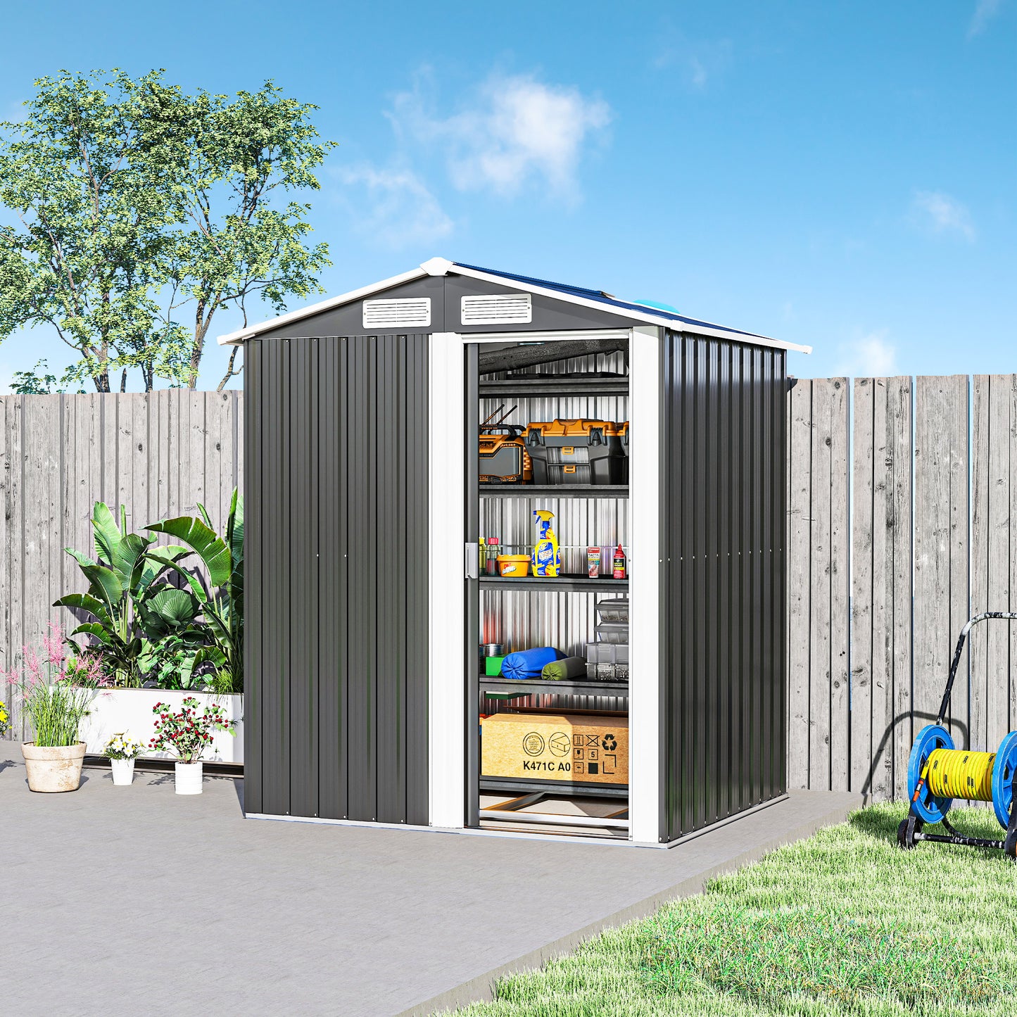 Outsunny Garden Metal Tool Storage Shed with Sliding Door, Sloped Roof and Foundation Kit, 152 x 132 x 188cm, Grey