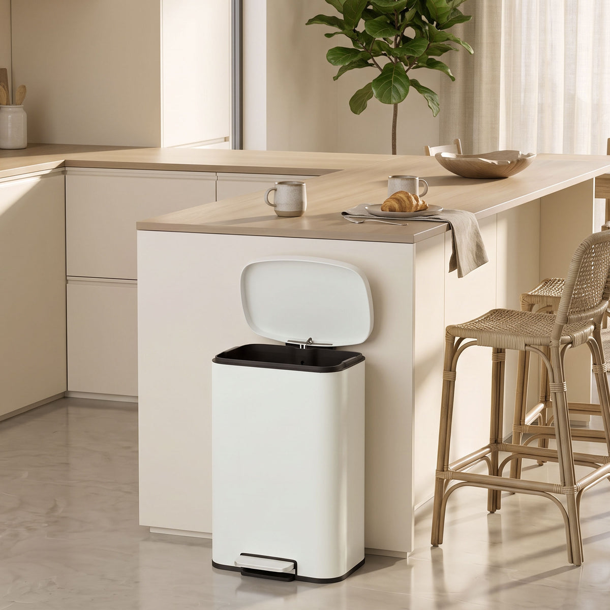 HOMCOM 50L Kitchen Pedal Bin, Rubbish Bin with Soft Close, Removable Inner Bucket, Fingerprint-Resistant DC03 Steel, Beige