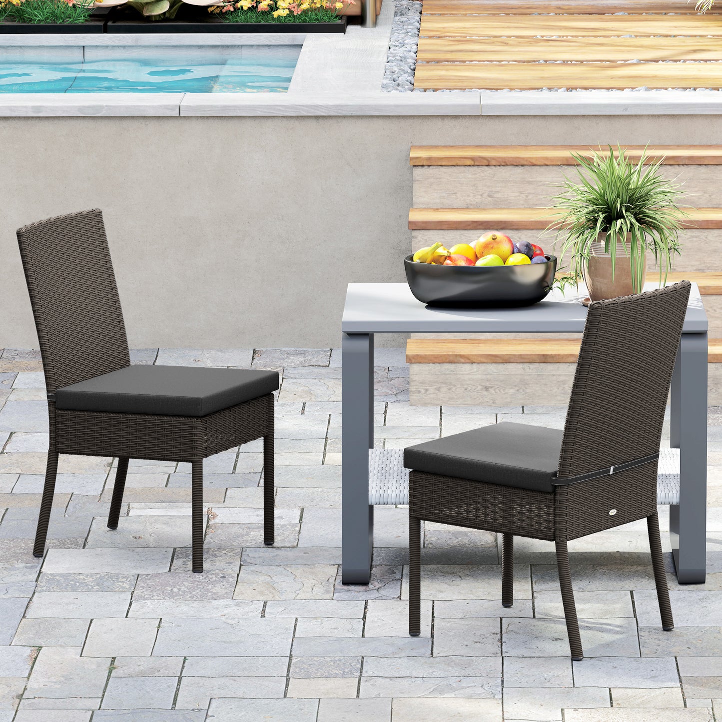 Outsunny Set of Four Armless Rattan Garden Chairs - Dark Grey