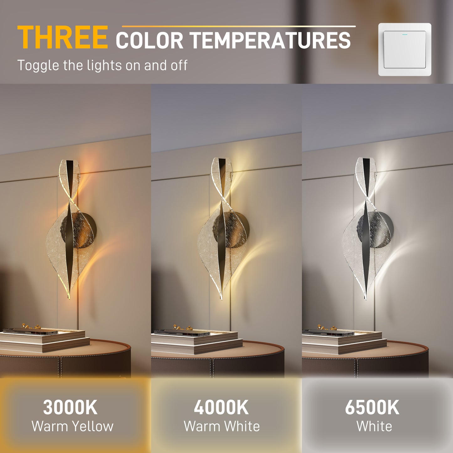 HOMCOM Led Wall Lamp 2 Pack, 13W Modern Indoor Spiral Wall Light, Colour Temperature Adjustable 3000K/4000K/6500K, for Bedroom, Living Room, Hallway, Stairs, Black