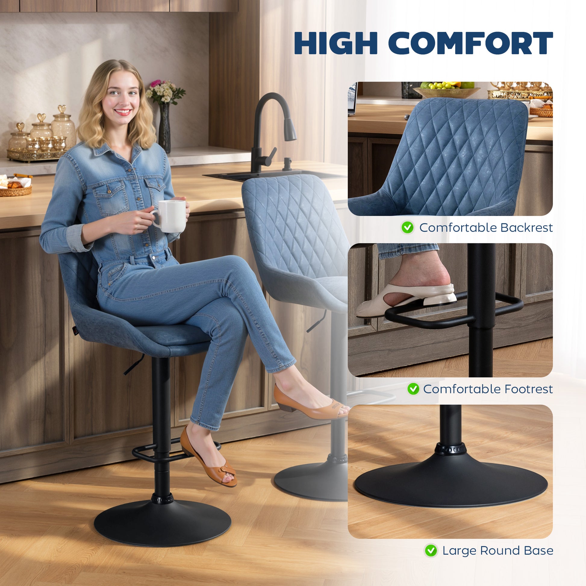 HOMCOM Set of Two Faux Leather Retro Bar Stools - Dark Blue