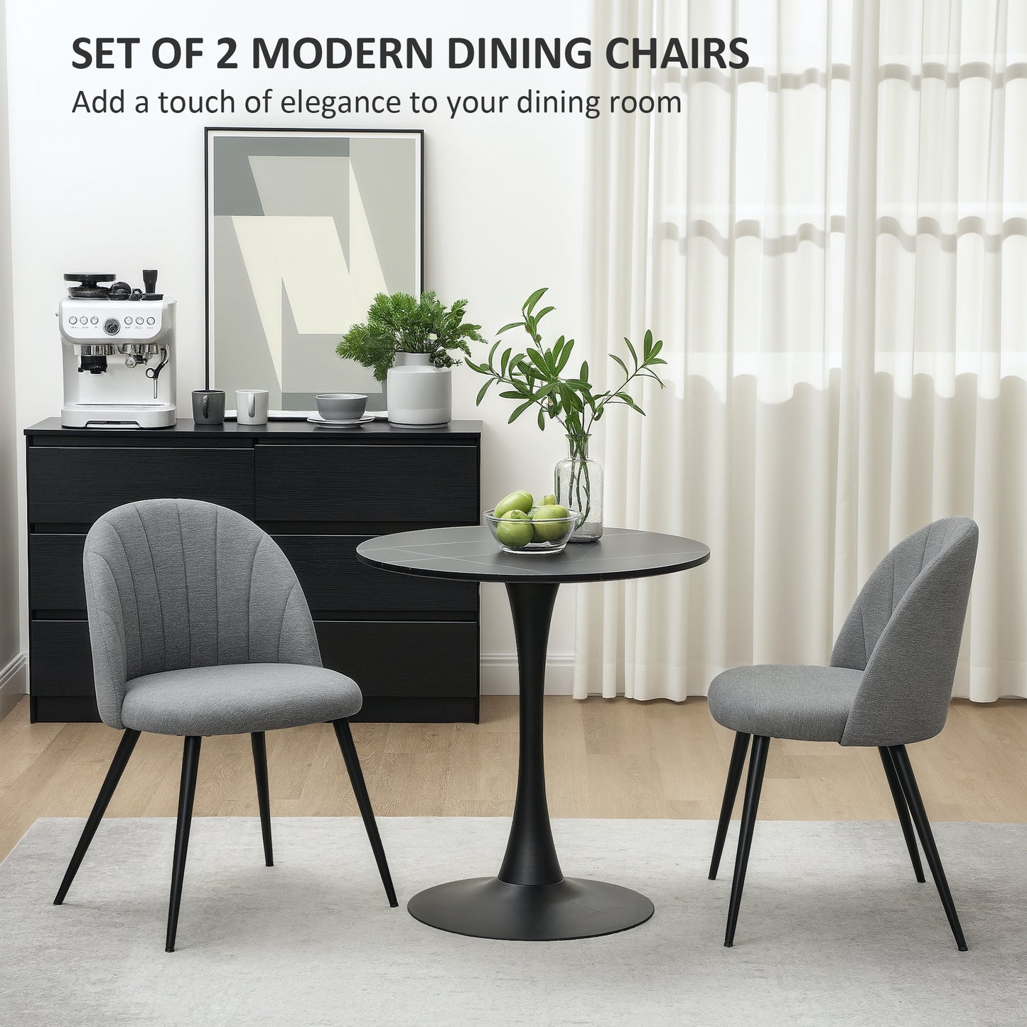 HOMCOM Dining Chairs Set of 2, Modern Upholstered Kitchen Chairs with Metal Legs, Shell Backrest and Padded Seat for Dining Room, Bedroom, Living Room, Vanity, Grey