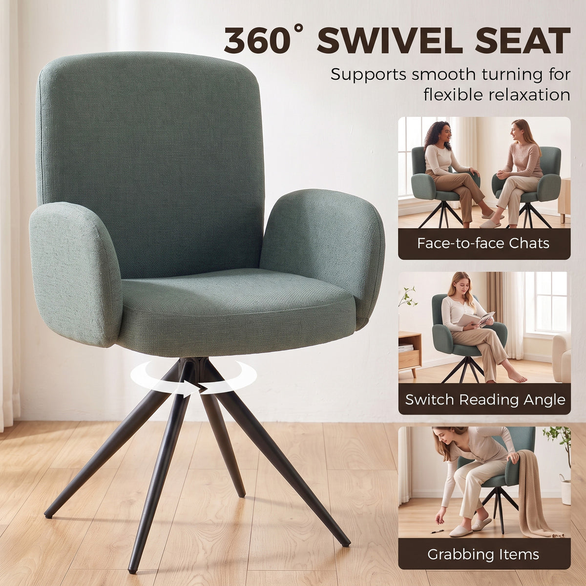 HOMCOM Swivel Accent Chair, Upholstered Linen-Look Armchair with Curved Backrest, Wrapped Armrests for Living Room, Light Green