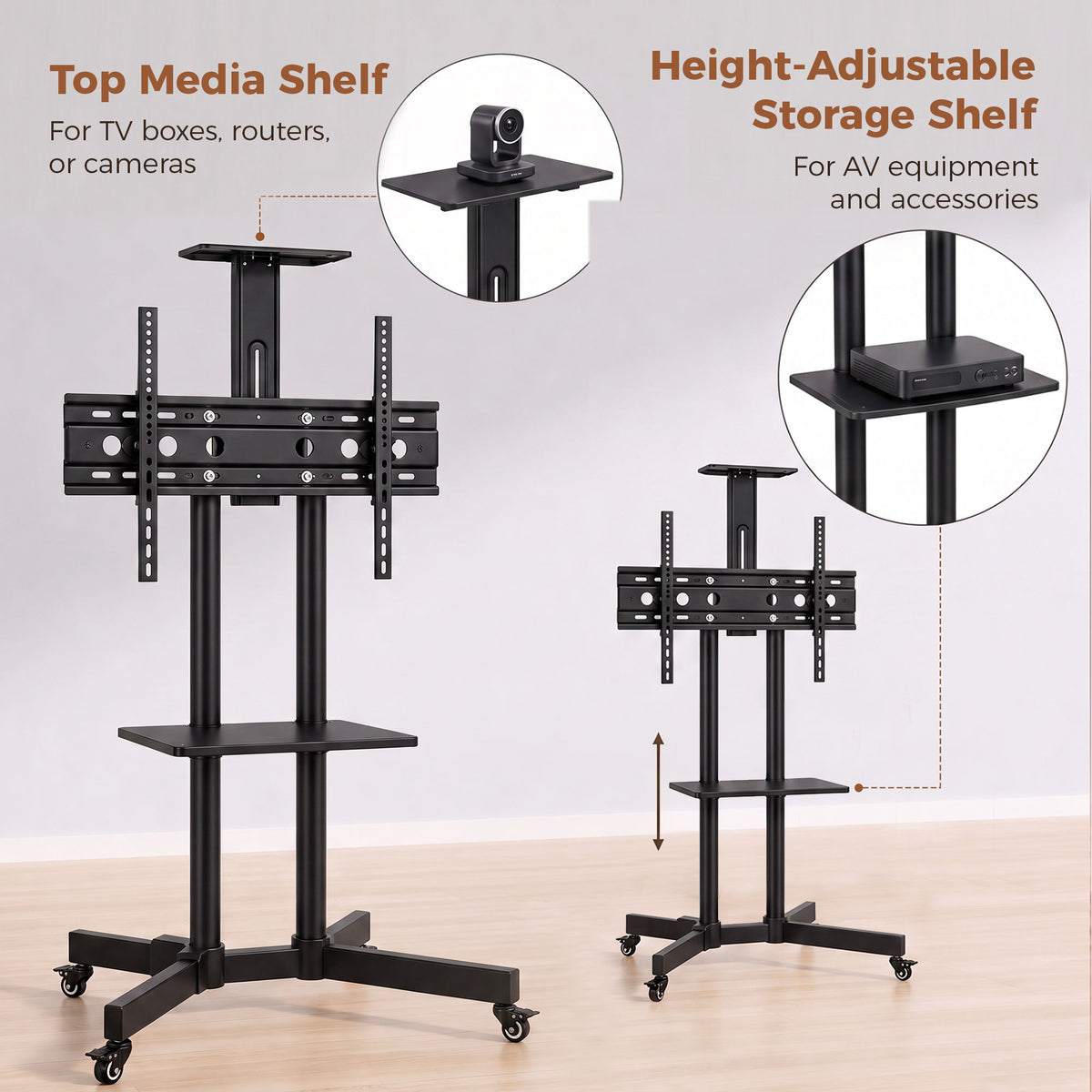 HOMCOM Mobile TV Stand on Wheels for 32-75 Inch Screens, Mobile TV Cart with Tilt, Height Adjustable, Black