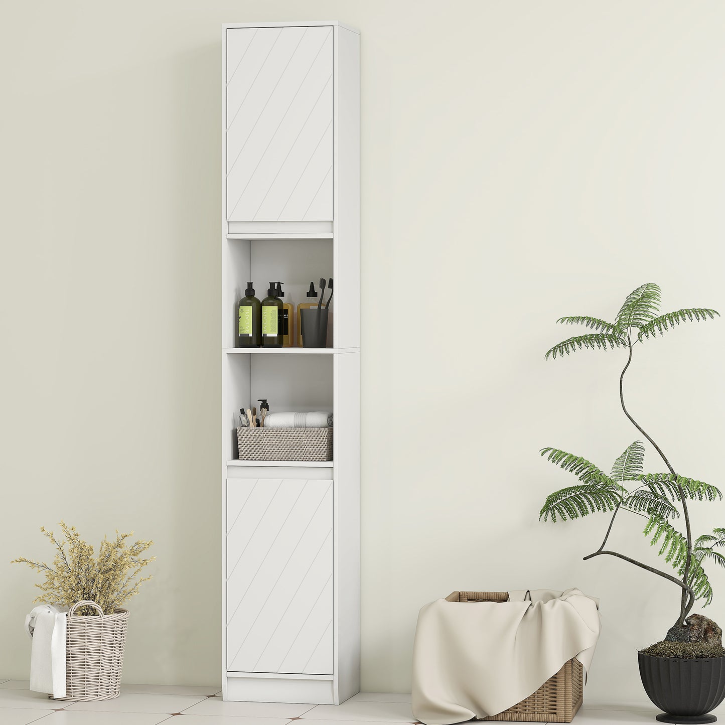 HOMCOM Narrow Bathroom Cabinet, Slim Bathroom Storage Unit with Open Compartment, Freestanding Storage Cupboard with Adjustable Shelves for Small Spaces, 30 x 24 x 170 cm, White