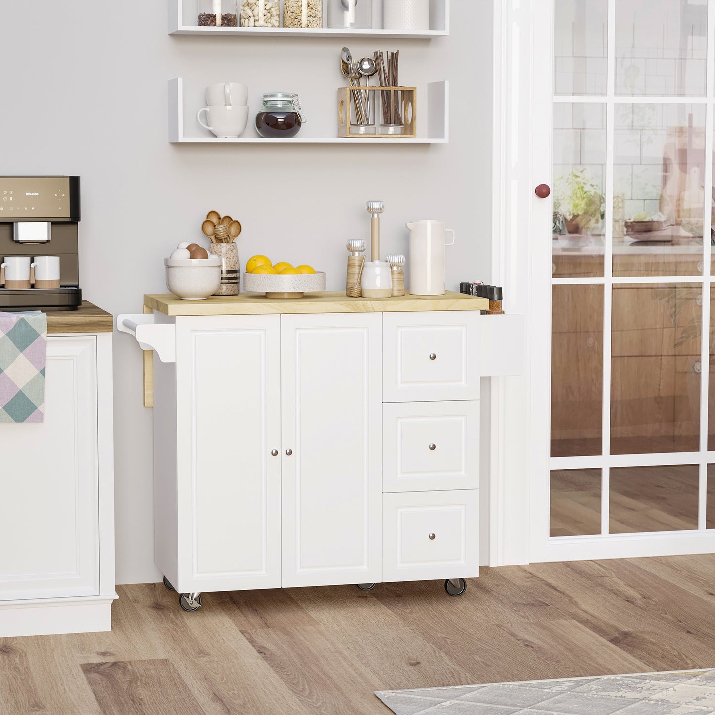 HOMCOM Drop-Leaf Kitchen Island on Wheels with Extendable Rubber Wood Worktop, Rolling Kitchen Storage Trolley, Utility Storage Cart with Drawers & Cabinet for Kitchen, Dining & Living Room, White