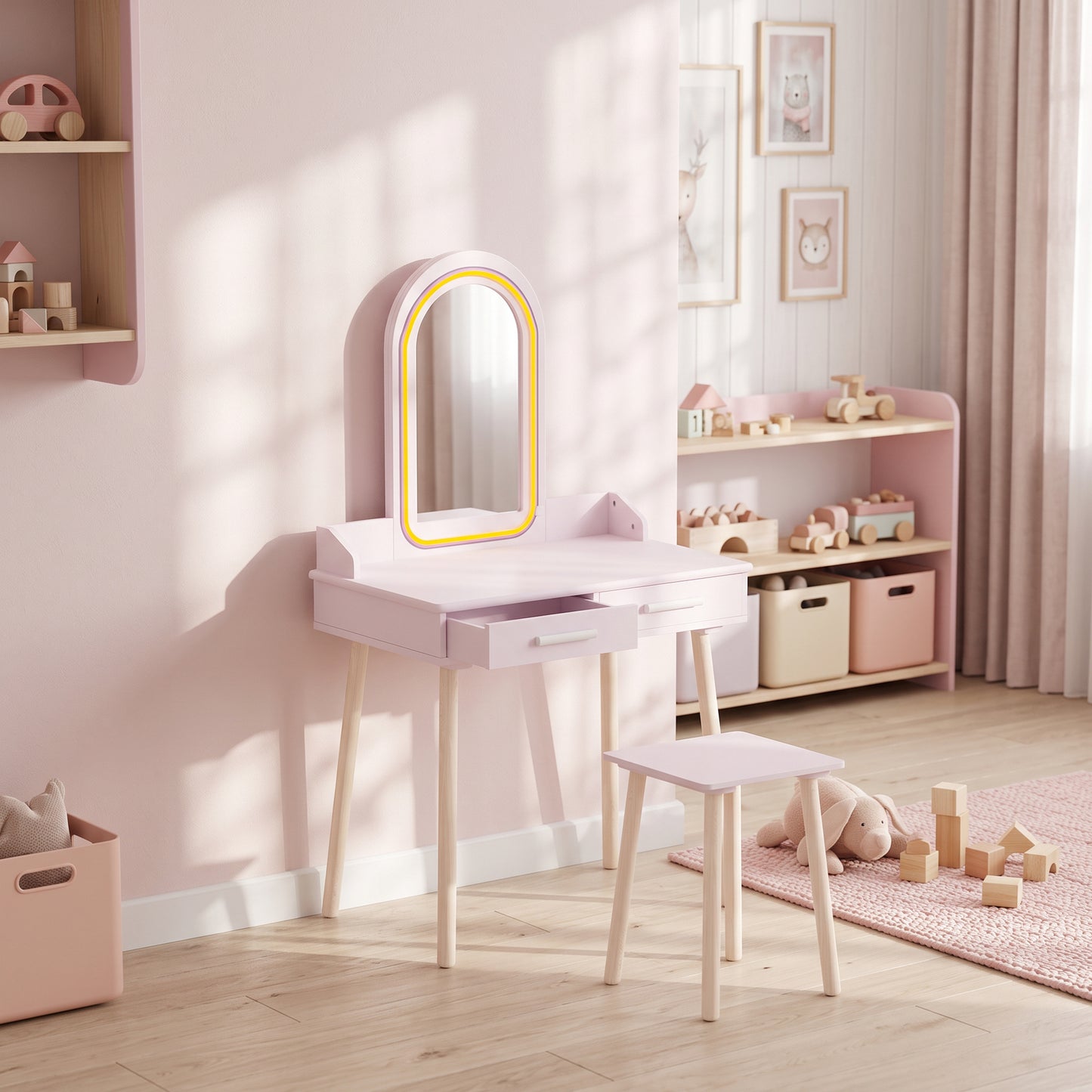 AIYAPLAY Kids Dressing Table, Girls Vanity Set with Stool, 3-Colour LED Lights Mirror, Large Drawer for Ages 3-8, Pink
