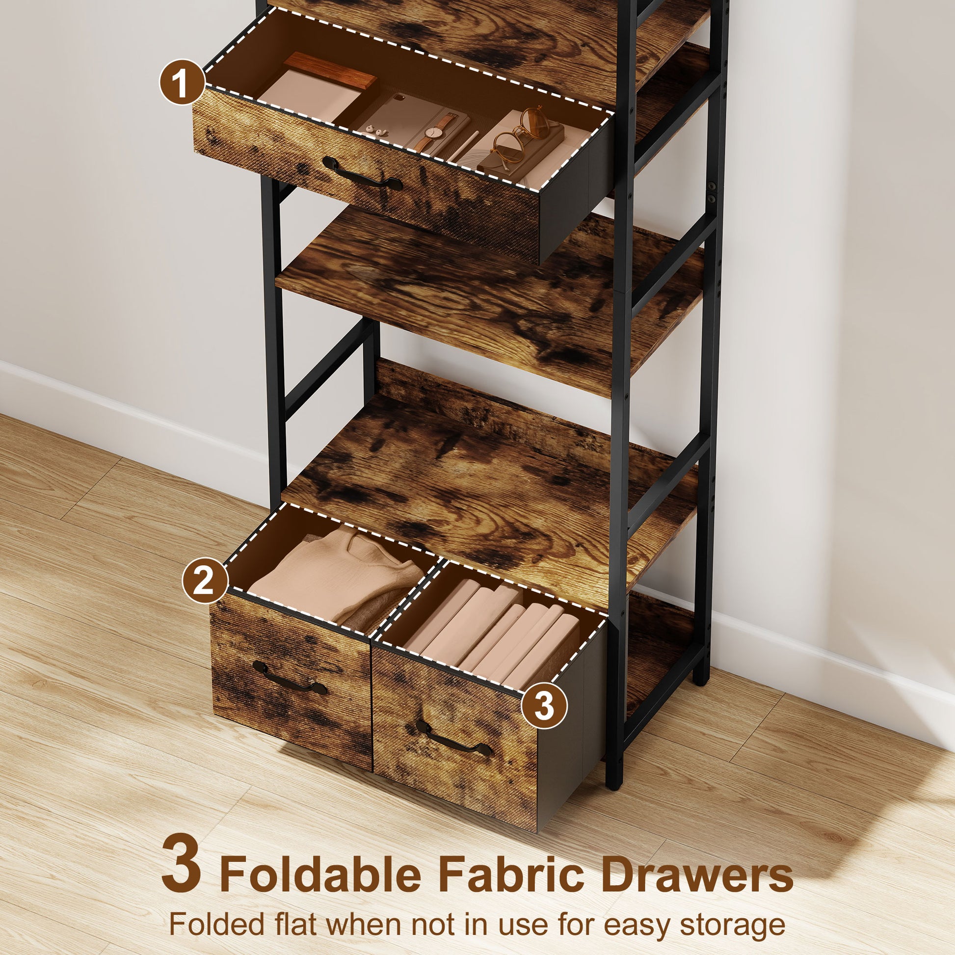 HOMCOM Industrial Style Bookcase, with 4 Shelves and 3 Fabric Drawers - Brown/Black