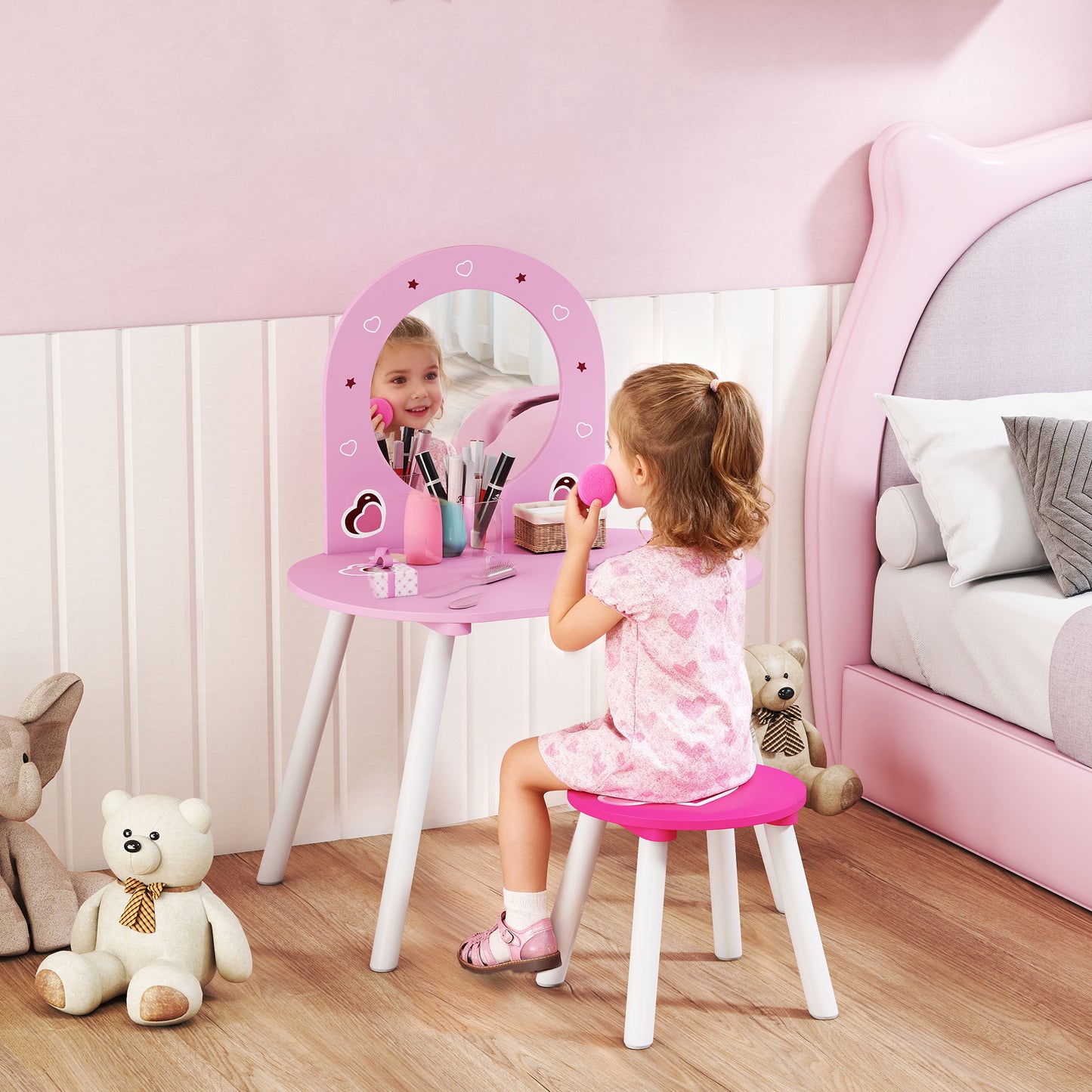 AIYAPLAY Kids Dressing Table with Mirror and Stool, Girls Vanity Set for Kids Room, Bedroom, Nursery, for Ages 3â€“6 Years, Pink