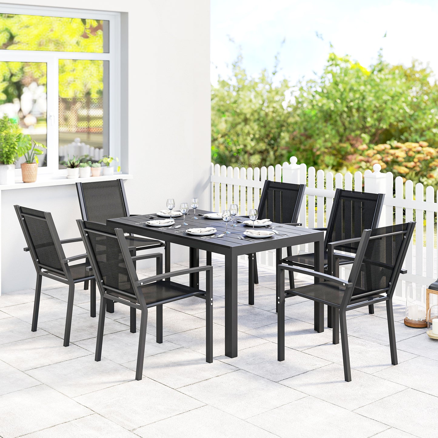 Outsunny Seven-Piece Garden Dining Set, with Plastic Wood-Top Table - Black