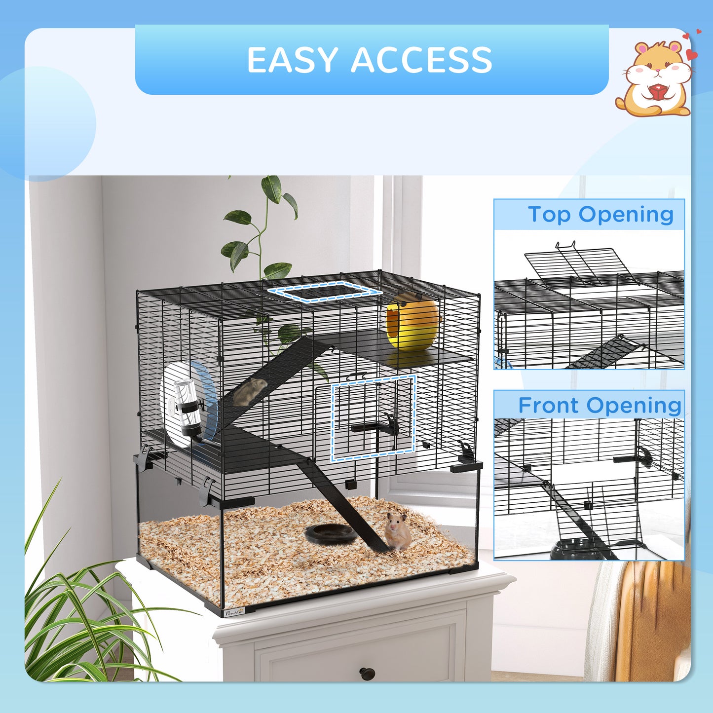 PawHut 3 Tiers Hamster Cage, Gerbil Cage with Deep Glass Bottom, Non-Slip Ramps, Platforms, Hut, Exercise Wheels, Water Bottle, Dish, for Syrian Hamster, Dwarf Hamster, 60 x 40 x 54.5cm