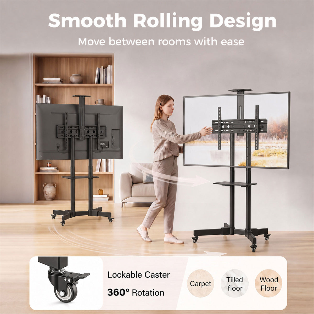HOMCOM Mobile TV Stand on Wheels for 32-75 Inch Screens, Mobile TV Cart with Tilt, Height Adjustable, Black
