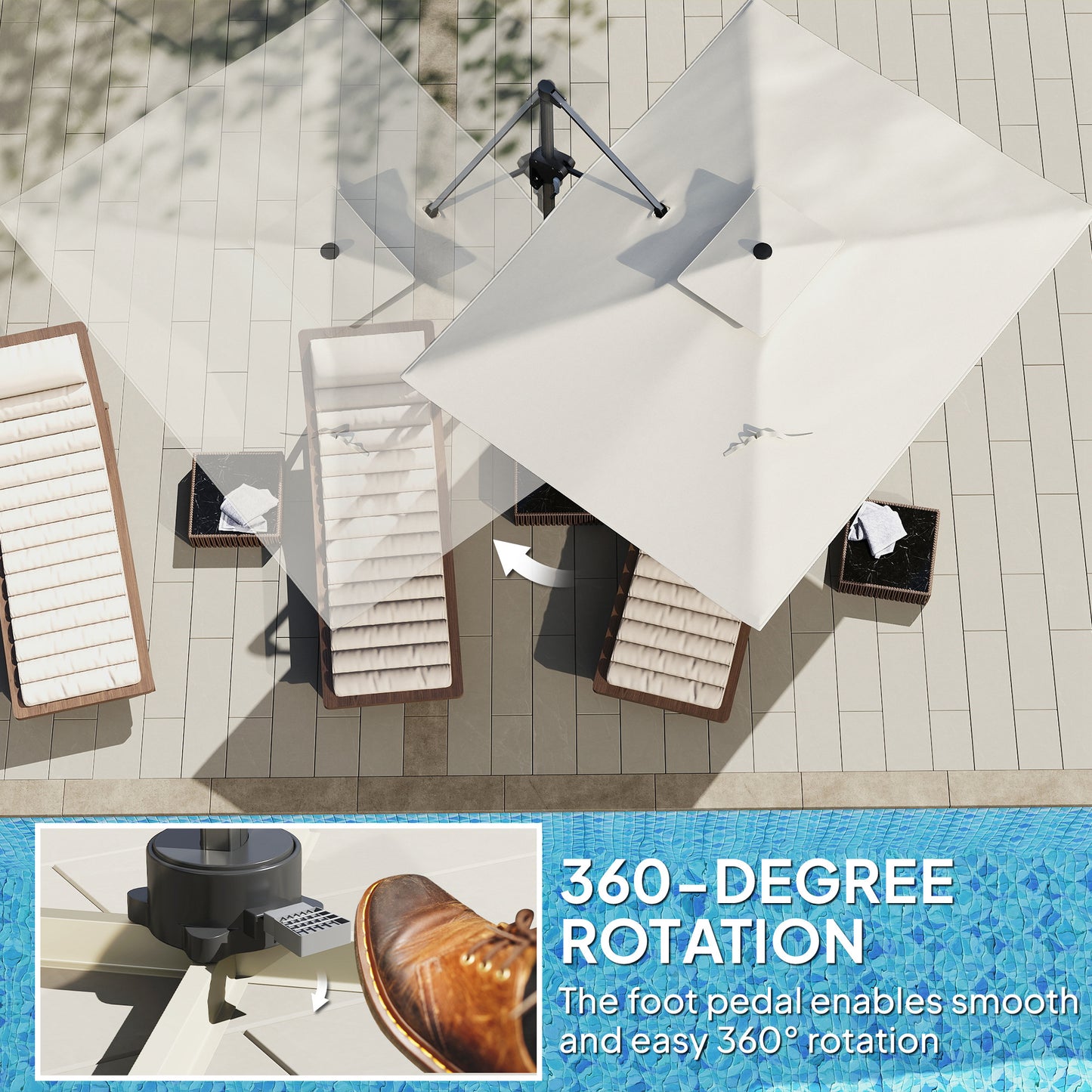 Outsunny 3.7 x 2.7 m Cantilever Parasol w/360° Rotation and Easy Tilt Adjustment, Aluminium Hanging Offset Outdoor Umbrella w/Double Top, Cross Base, UPF50+ Hanging Sun Shade, Grey Wood Effect Pole