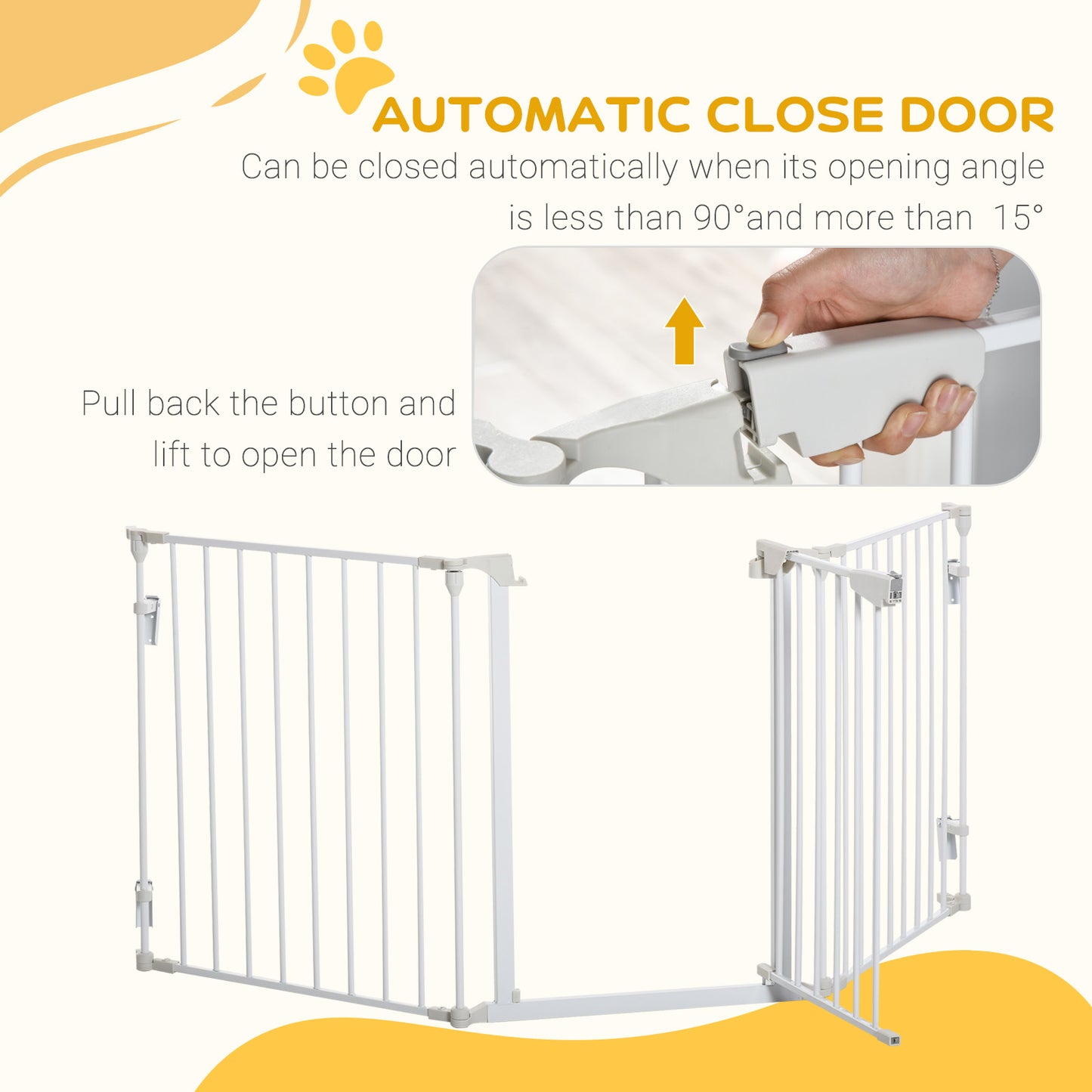 PawHut Pet Safety Gate, 3 Panels Playpen Fireplace, Foldable Metal Fence, Stair Barrier, Room Divider, Fire Guard w/ Automatic Closing Door, White