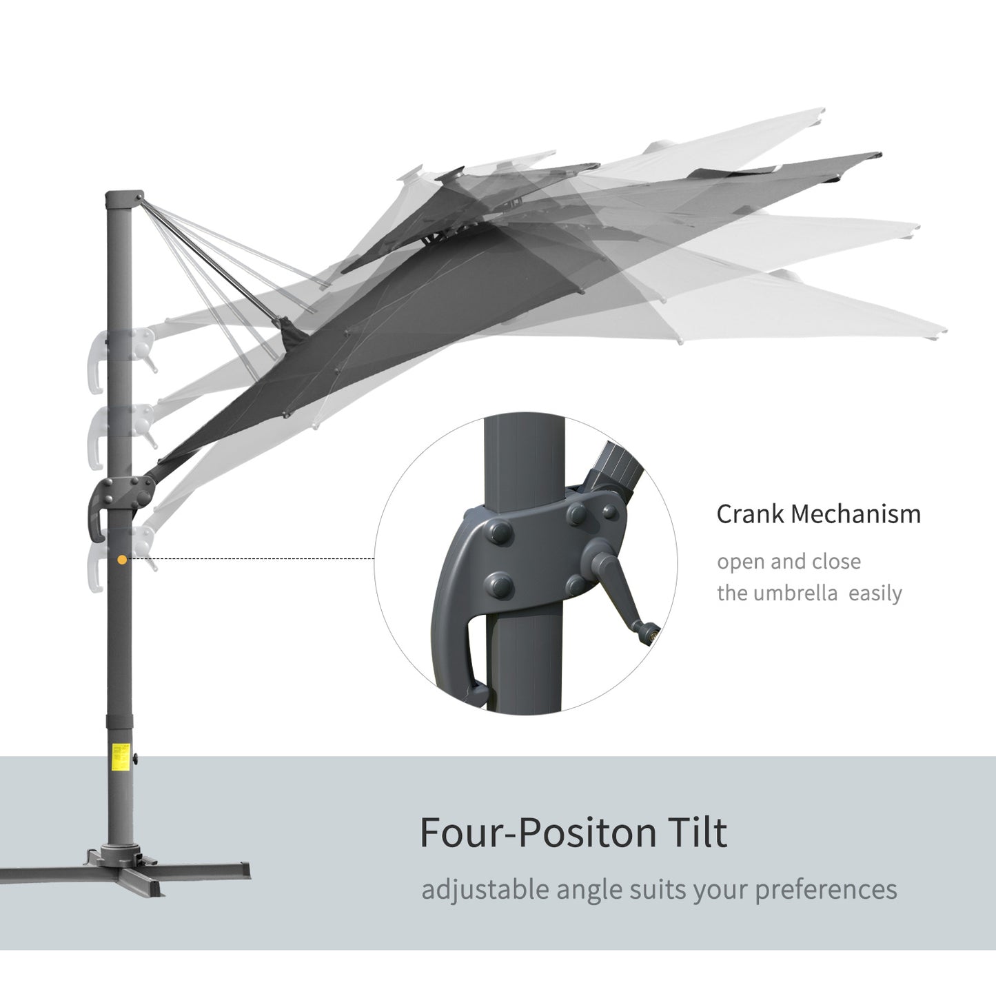Outsunny 3m Cantilever Parasol w/ Solar Lights Power Bank Base 360Â° Spin Dark Grey