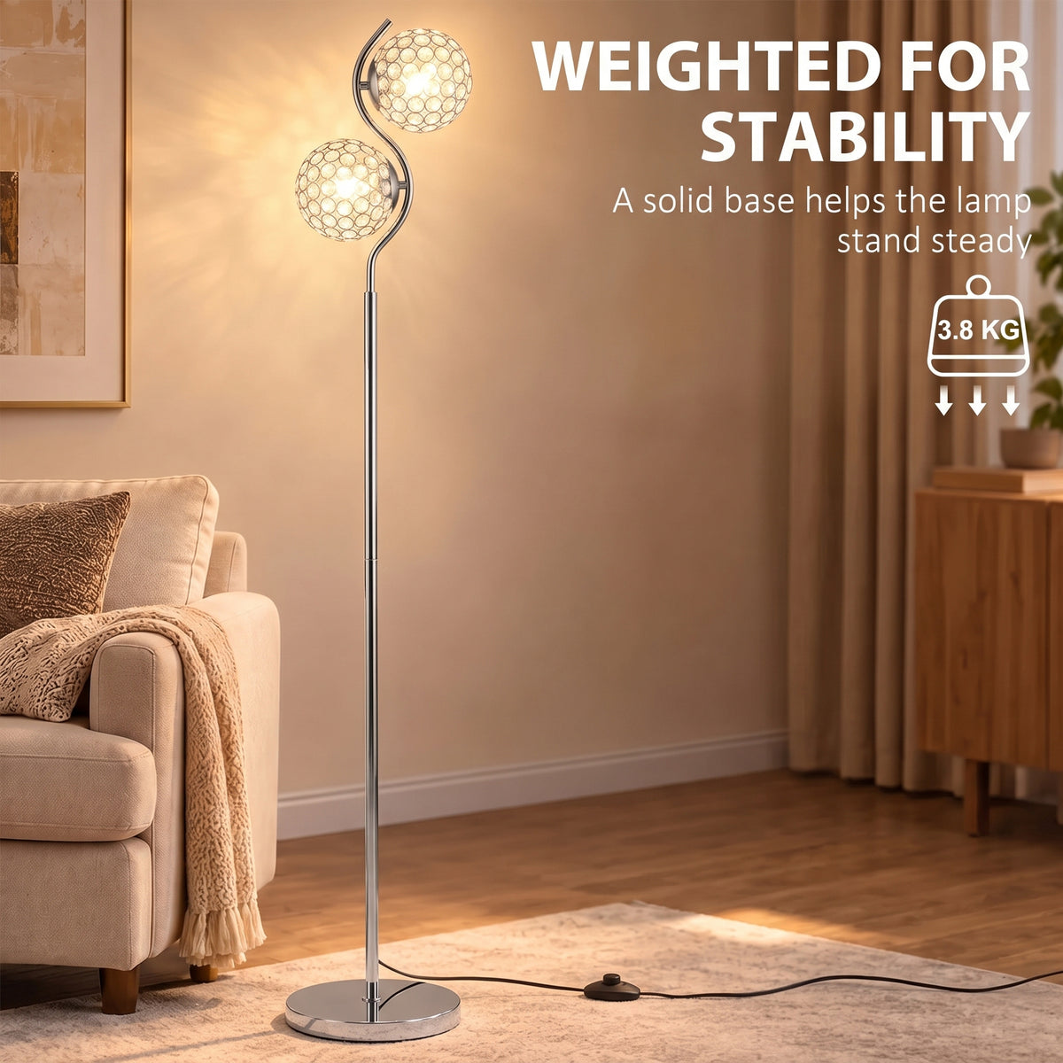 HOMCOM Floor Lamp with Crystal Globe Shades, Modern Dual Head Standing Lamp with Foot Switch and Weighted Base, Silver