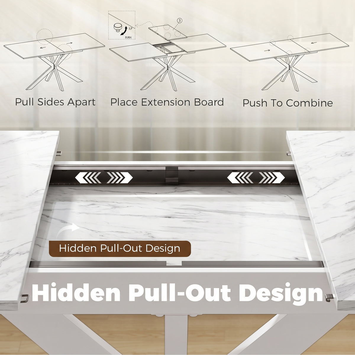 HOMCOM Extendable Dining Table Steel Cross Legs Steel Rails Space Saving White