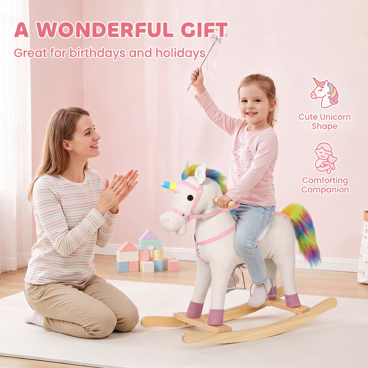 AIYAPLAY Rocking Horse, Unicorn Ride on Horse with Sounds and Stable Wooden Base for 1-3 Years, Cream White