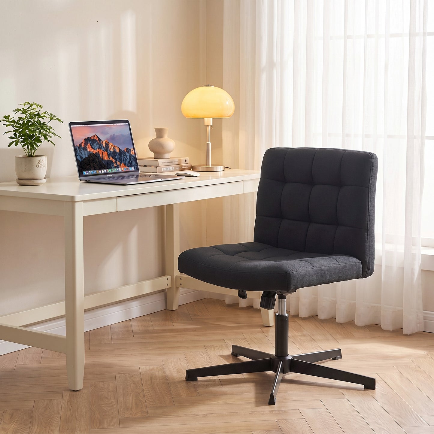 HOMCOM Armless Office Chair, Cross Legged Linen Computer Desk Vanity Chair with Wide Seat, Rocking Function, Black