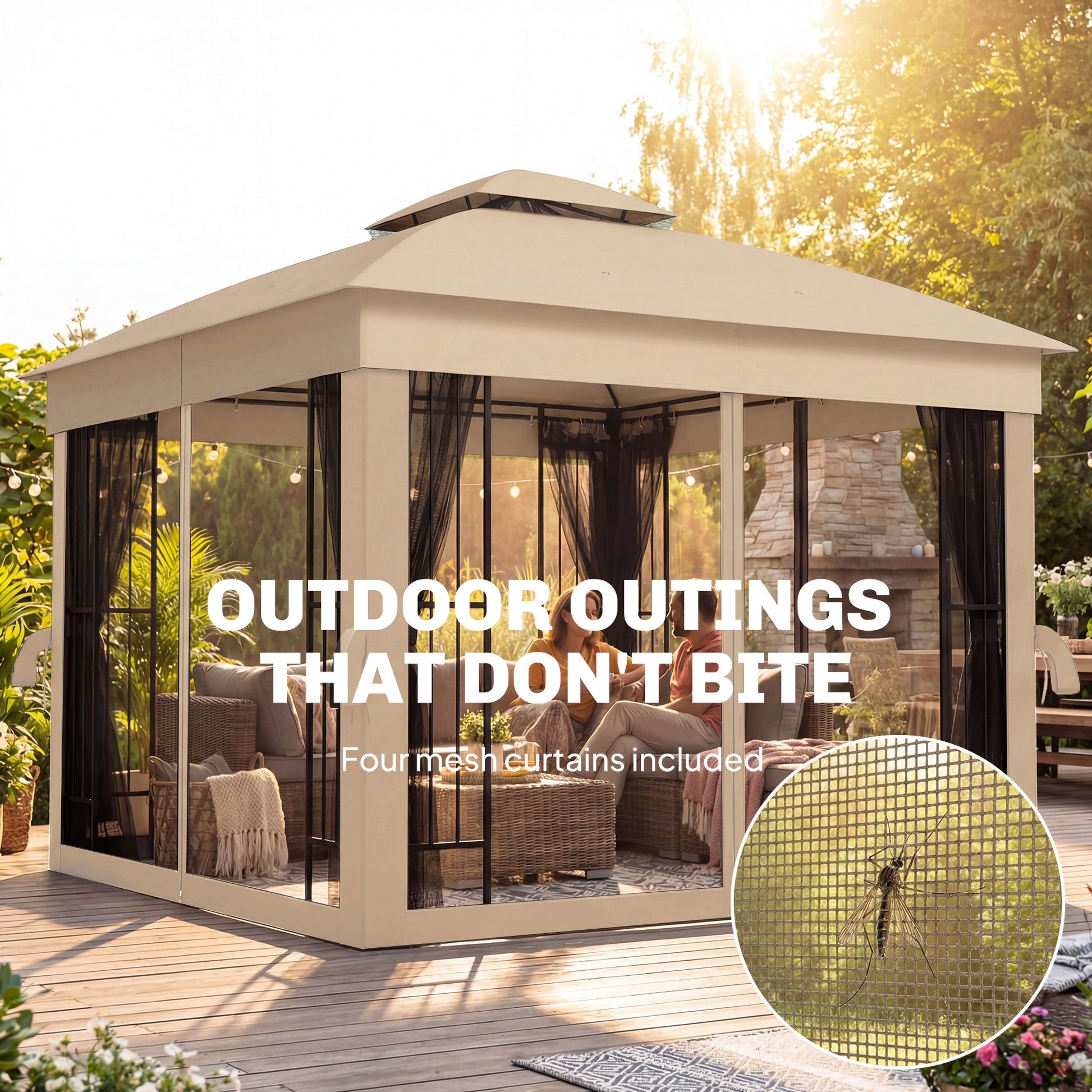 Outsunny 3 x 3 m Outdoor Garden Gazebo with Post Shelves, UPF50+ DoubleÂ Roof Patio Permanent Pavilion, Brown