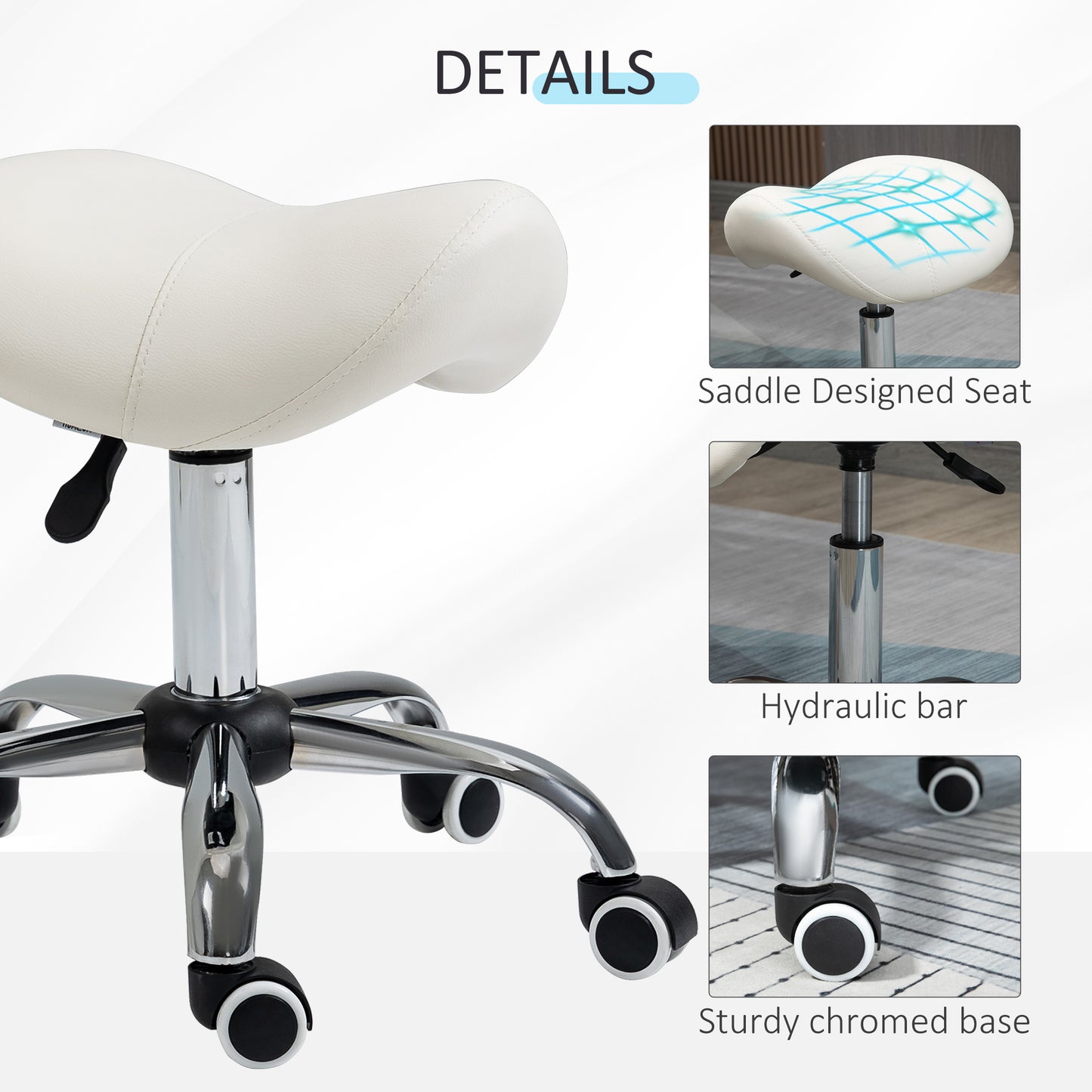 HOMCOM Cosmetic Stool 360Â° Rotate Height Adjustable Salon Massage Spa Chair Hydraulic Rolling Faux Leather Saddle Stool, Cream