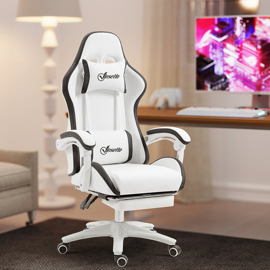 Vinsetto Computer Gaming Chair, PU Leather Office Desk Chair with Footrest, Swivel Wheels, 135Â° Reclining Back, Lumbar Support, Headrest for Home, White and Black