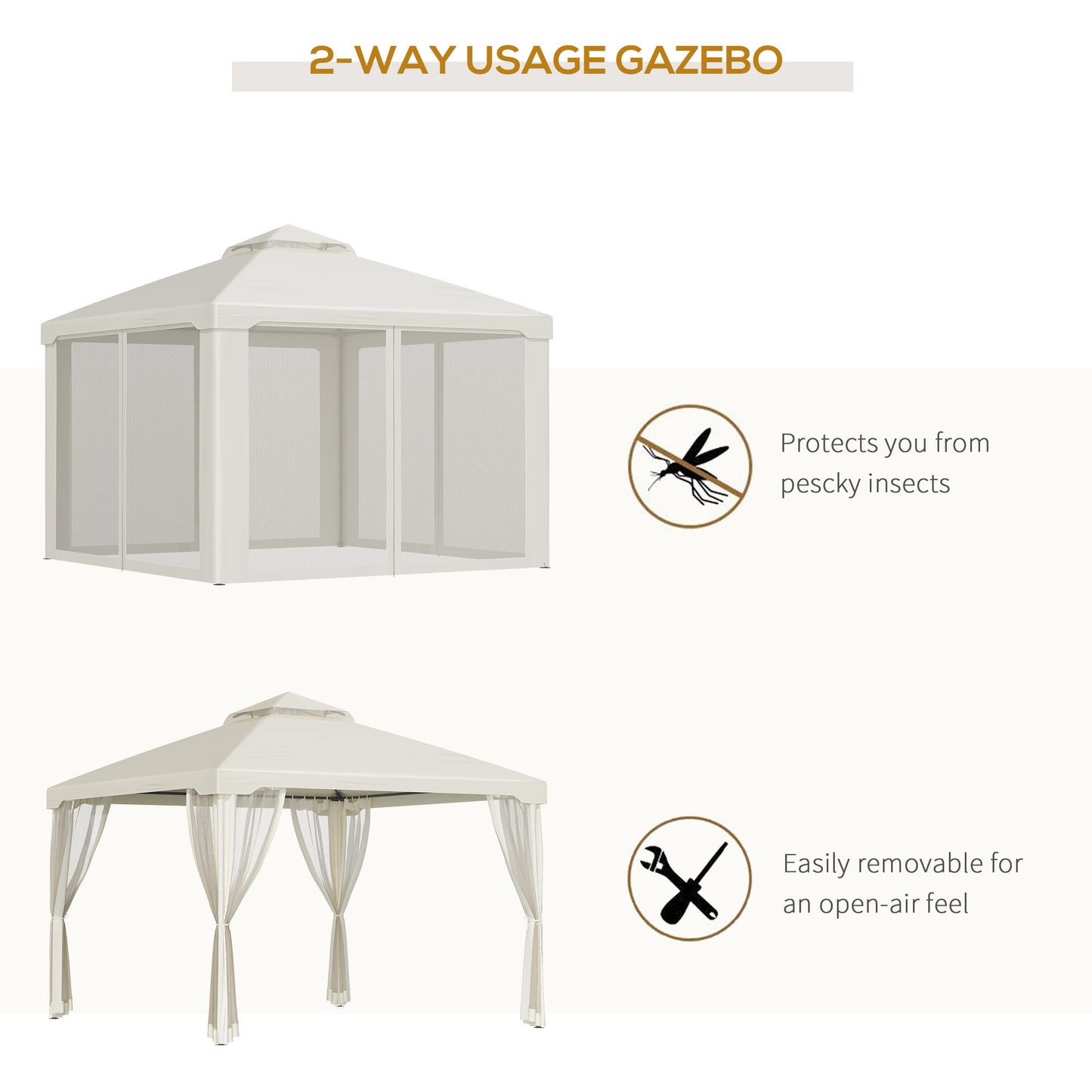 Outsunny 3 x 3 m Metal Gazebo, Garden Pavillion, DoubleÂ Roof Outdoor Canopy Shelter with Mesh Sidewalls, Cream White