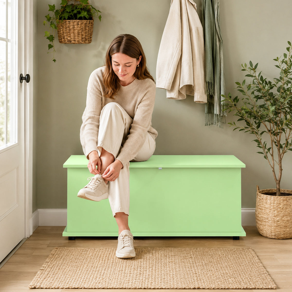 HOMCOM 114L Large Storage Chest, Green Bench Trunk with Safety Hinge for Bedroom, Living Room & Entryway