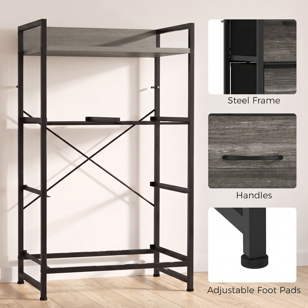 HOMCOM Rustic Chest of Four Fabric Drawers - Grey Wood Effect