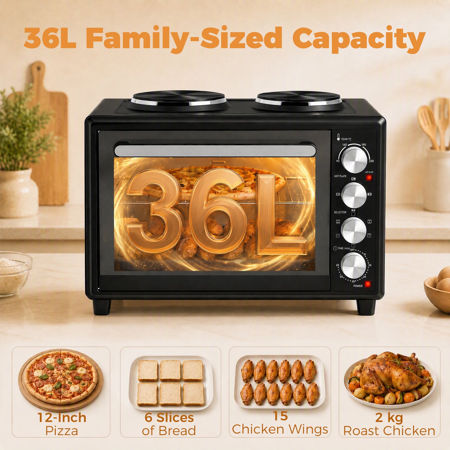HOMCOM 36L Mini Oven with Dual Hot Plates, Electric Countertop Cooker with Convection, 90â€“230Â°C Adjustable Temperature