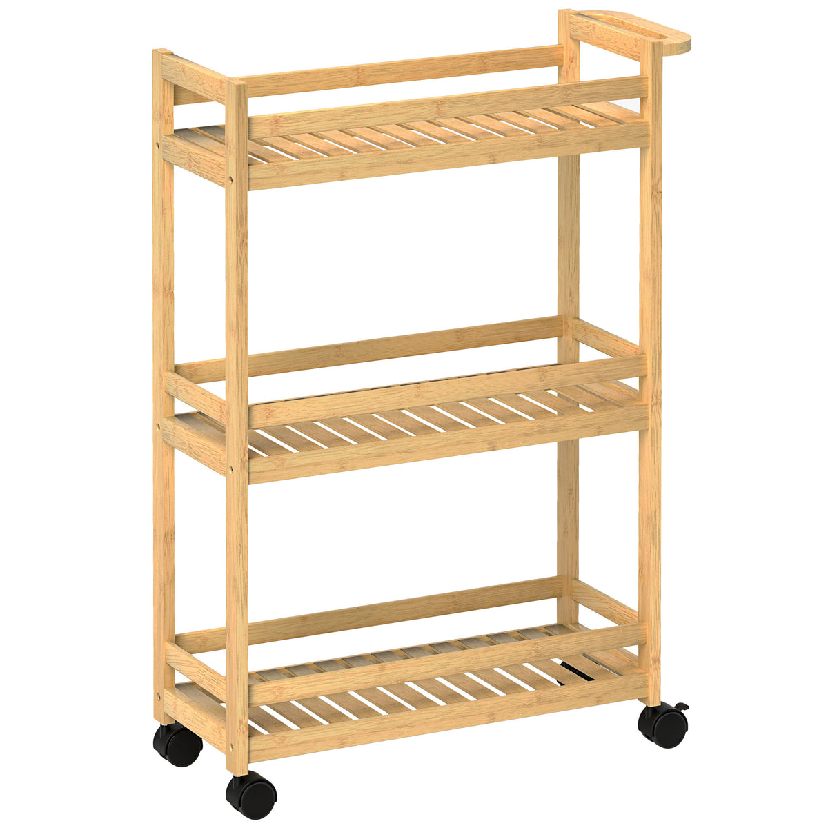 HOMCOM 3-Tier Bamboo Storage Trolley on Wheels with Handle for Kitchen, Office, Bathroom Default Title