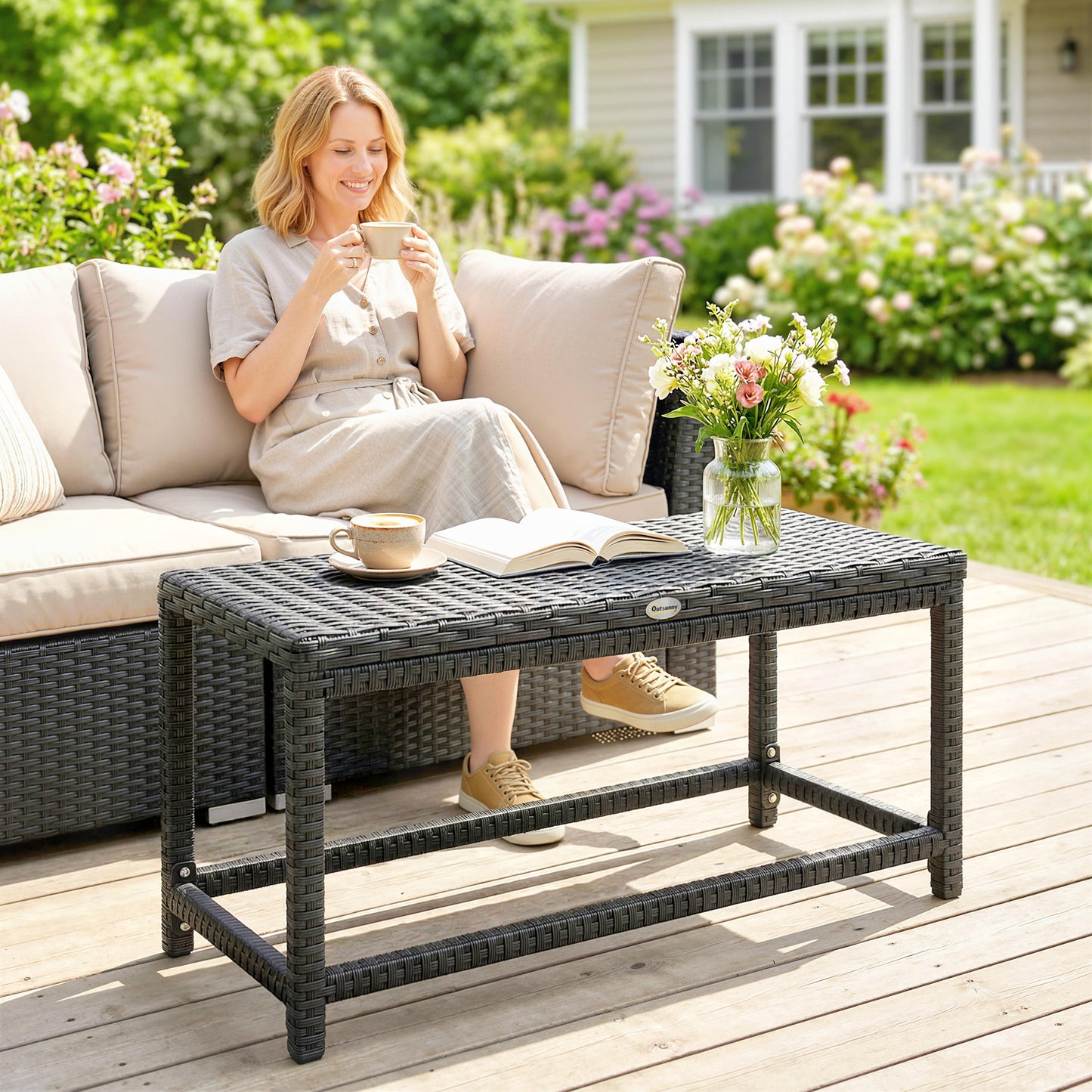 Outsunny Outdoor Coffee Table Side Table with Rectangular Frame for Patio, Balcony, Black