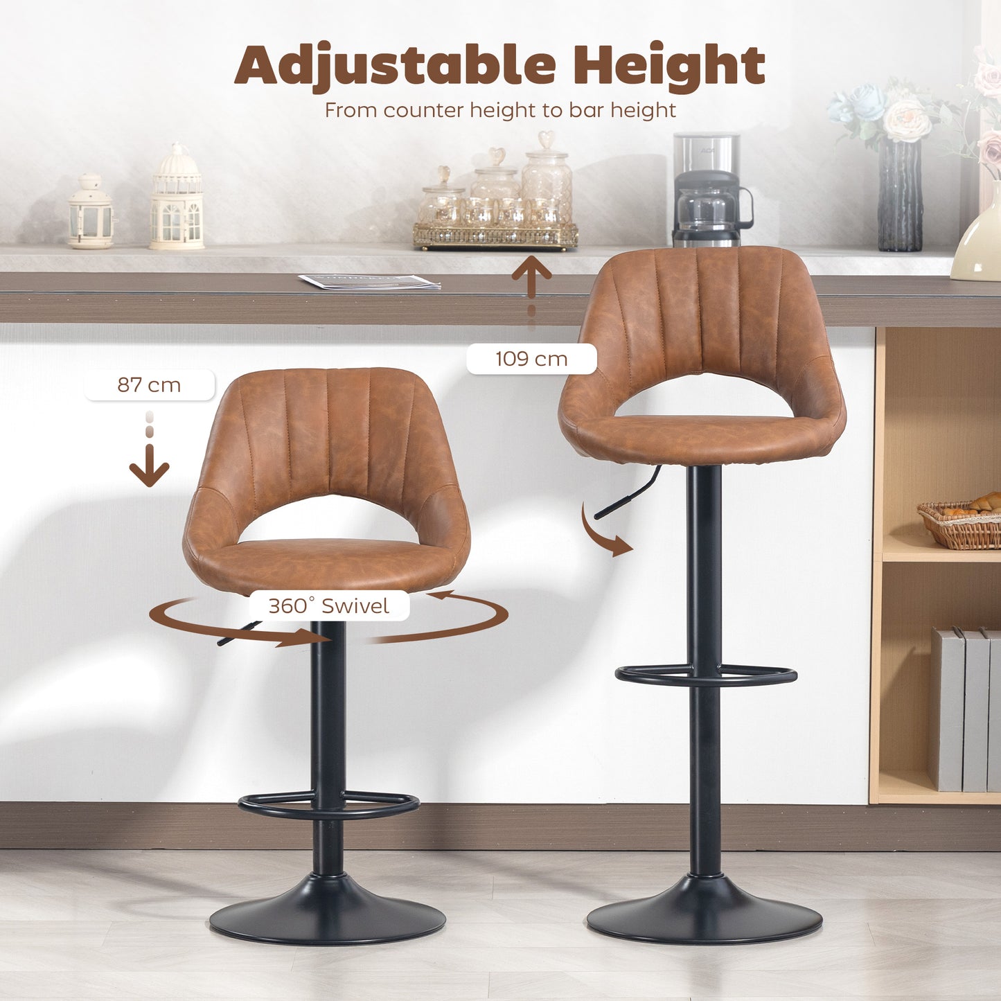 HOMCOM Bar Stools Set of 2, PU Leather Swivel Barstools with Backrest and Footrest for Kitchen, Counter, Breakfast Bar, Brown