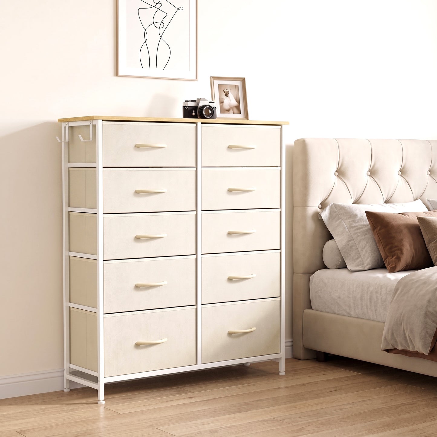 HOMCOM Chest of Drawers, Dresser with 10 Fabric Drawers, Tall Storage Unit with 4 Pockets and 2 Hooks Steel Frame, Beige