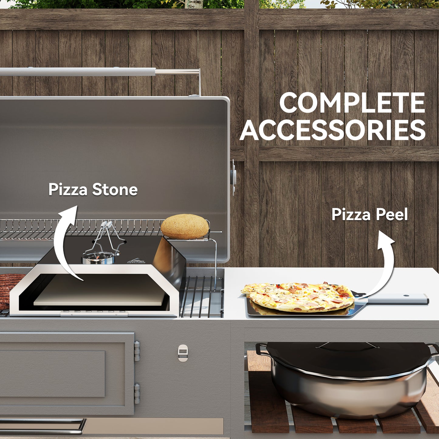 Outsunny 8 in Portable Stainless Steel BBQ Grill Top Pizza Oven with Built-in Thermometer and Viewing Window for Gas and Charcoal BBQ Grills, Includes Carry Handles, Pizza Stone and Peel, Silver Tone