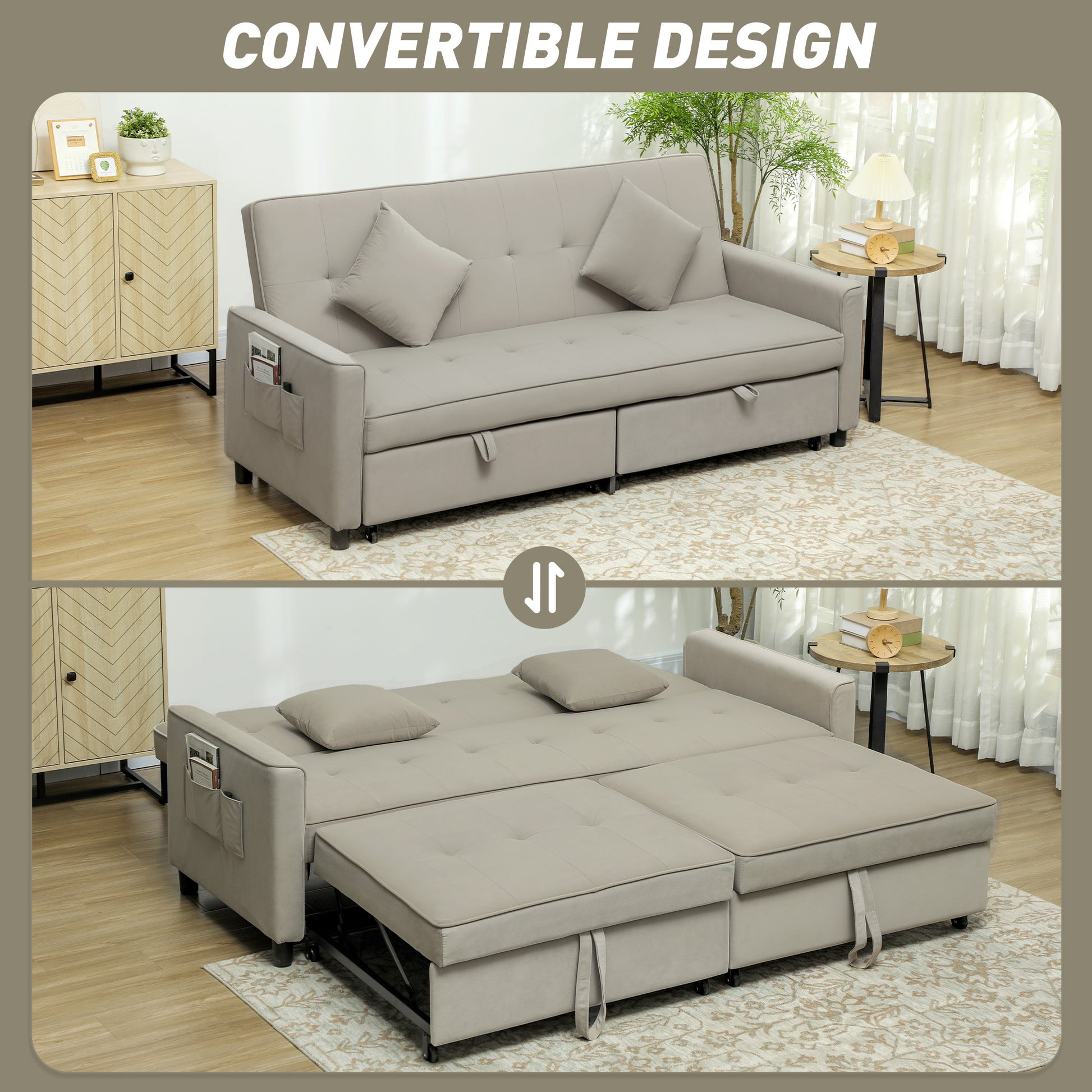 HOMCOM 3 Seater Velvet Sofa Bed, Convertible Pull-Out Sofa Bed with Adjustable Backrest, Space Saving Living Room Sofa, Beige