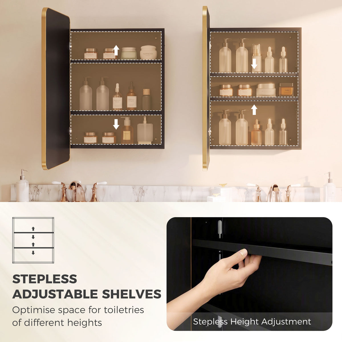 HOMCOM 50.8 x 11.6 x 71 cm Bathroom Mirror Cabinet, Wall Cabinet with Adjustable Shelves, Wall-Mounted or Recessed, Gold Tone