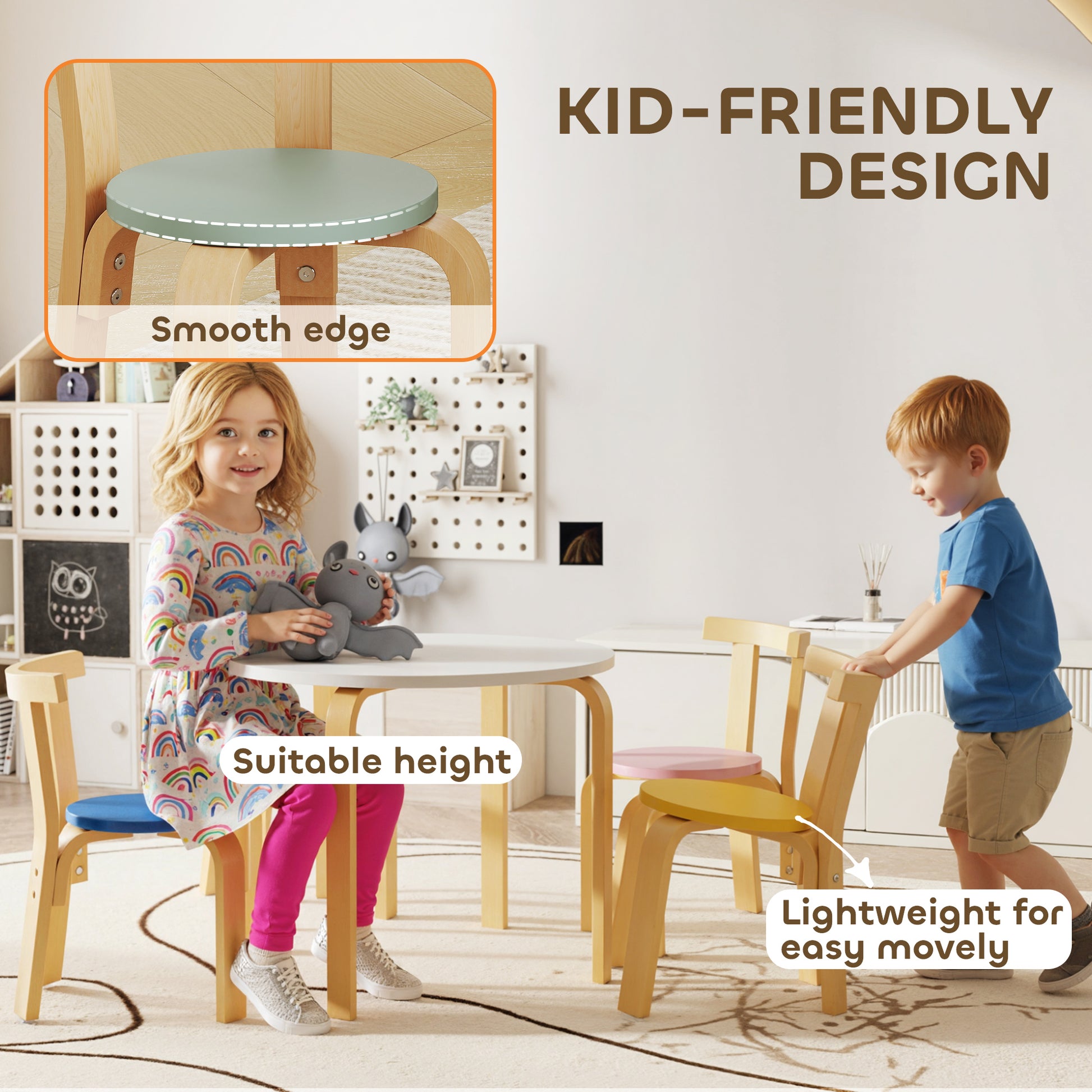 AIYAPLAY 5 Piece Kids Table and Chairs Set, Wooden Toddler Table and Chairs Set for Nursery, Playroom, Classroom, for 3-8 Years